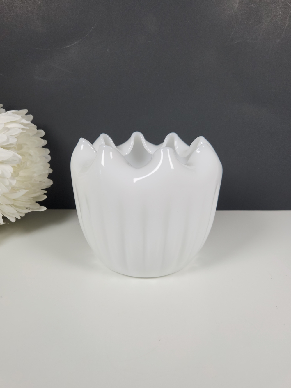 Vintage White Milk Glass Vase Ribbed w/ Ruffled Edges | Mid Century Glass Bowl